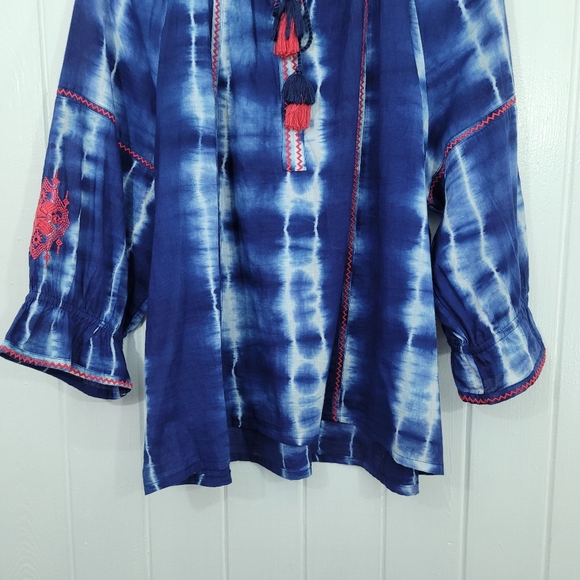 Chicos 4 Womens Sz 20/22 Blue White Tie Dye Tunic Pink Embroidery With Tassels - Picture 3 of 15